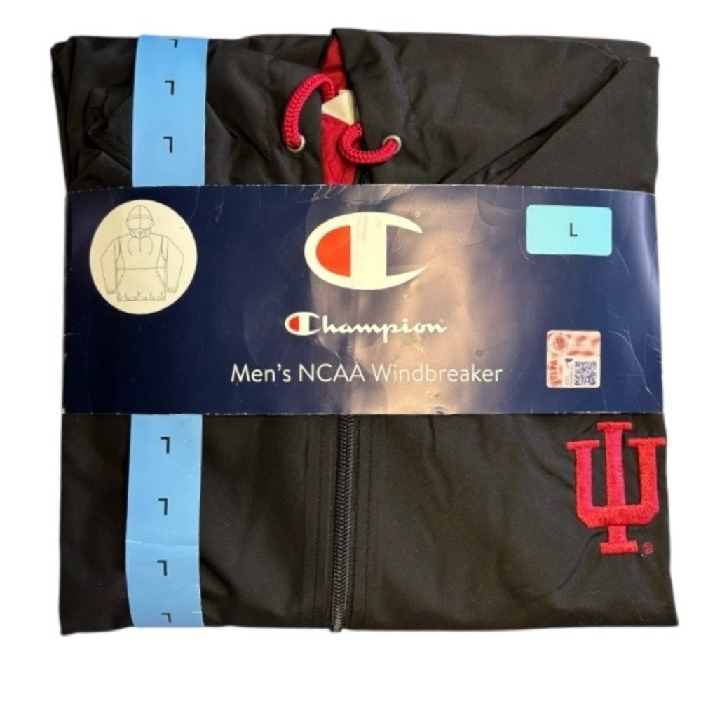 CHAMPION Men’s NCAA Quarter Zip Hooded Windbreaker Indiana U Hoosiers Black/Red - Picture 1 of 5
